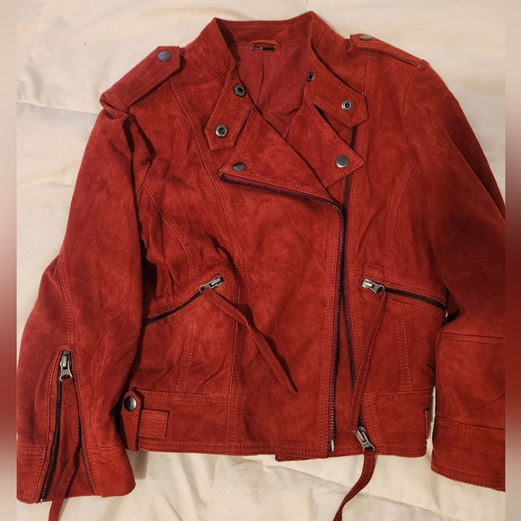 Topshop Jackets & Blazers - Topshop Red Suede Genuine Leather Jacket
